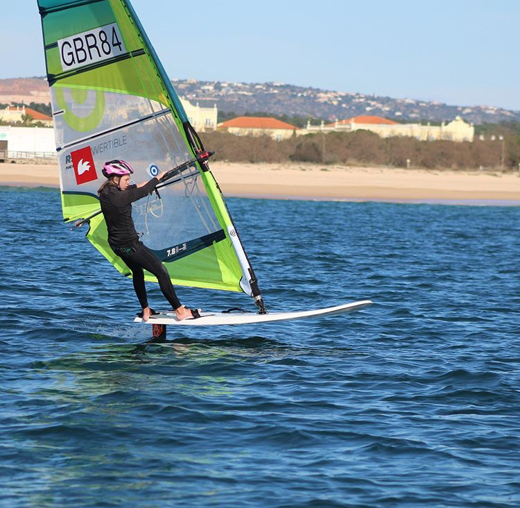 Jen windfoil training in light wind and calm sea in vilamoura portugal january 2020